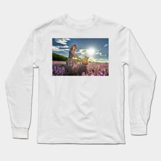 Young woman riding her bicycle in a lavender field Long Sleeve T-Shirt